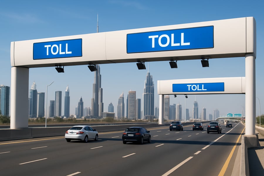 Modern Dubai highway with electronic toll gates