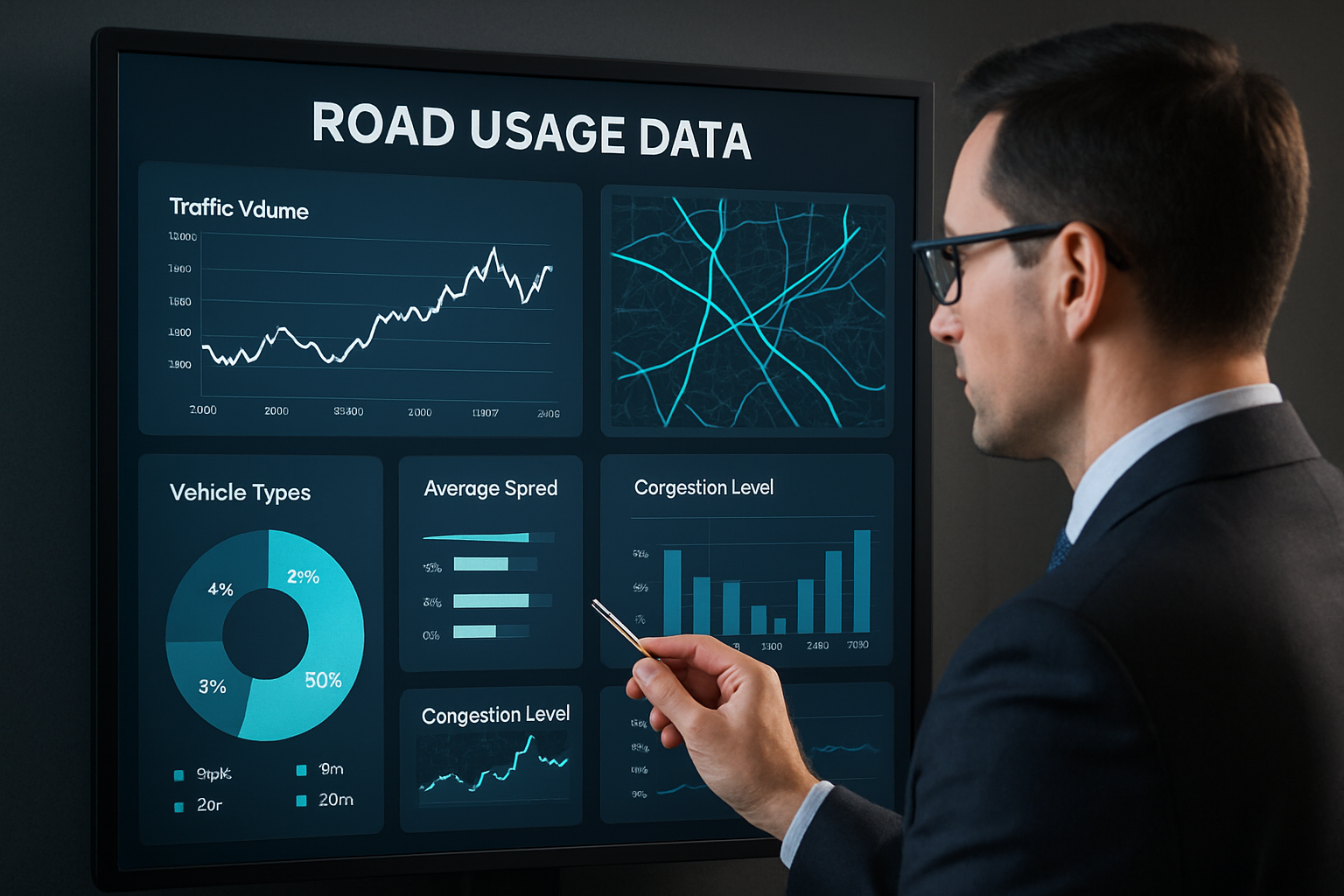 Businessman analysing road usage data on a digital dashboard